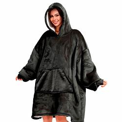 Foto van Sherry oversized hoodie - 70x110 cm - hoodie & deken in één - heerlijke, grote fleece hoodie deken - raven - zwart