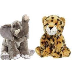 Foto van Zachte pluche knuffels 2x stuks - cheetah en olifant van 18 cm - knuffeldier