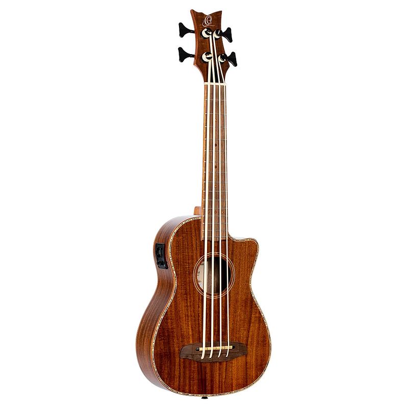 Foto van Ortega caiman-bs-gb lizard series short scale uke bass natural elektrisch-akoestische bas ukelele met gigbag