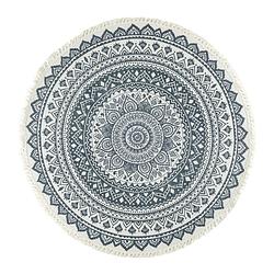 Foto van Quvio tapijt rond met franjes en mandala opdruk - 90 cm - gebroken wit/antraciet
