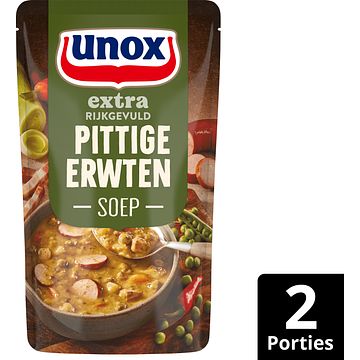 Foto van 2 zakken soep a 570 ml, pakken cupasoup a 3 stuks of single verpakkingen noodles of pasta | unox extra rijkgevuld soep in zak pittige erwten 570ml aanbieding bij jumbo