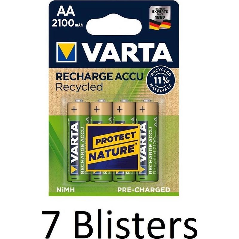 Foto van 28 stuks (7 blisters a 4 st) varta recharge accu recycled aa oplaadbare batterijen 2100 mah