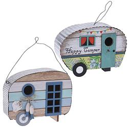 Foto van Set van 2x stuks houten vogel voeder huisjes voor pindas/vetbollen caravan blauw en wit - vogelvoederhuisjes