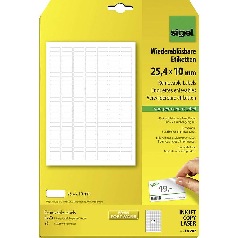 Foto van Sigel la202 etiketten 25.4 x 10 mm papier wit 4725 stuk(s) weer verwijderbaar universele etiketten 25 vel din a4