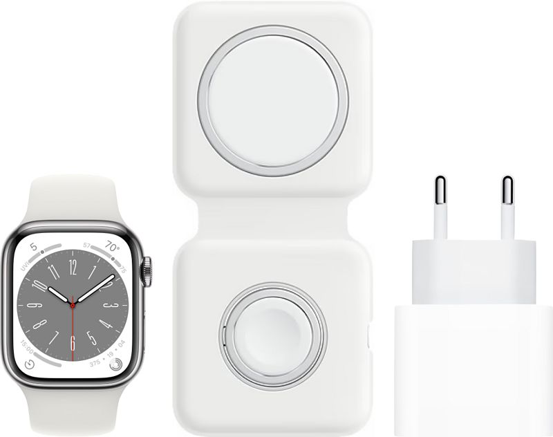 Foto van Apple watch series 8 4g 41mm zilver rvs witte sportband + magsafe oplaadpakket