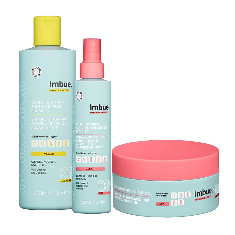 Foto van Imbue. curl - voordeelverpakking - shampoo, conditioning leave-in spray & haargel - geschenkset vrouwen