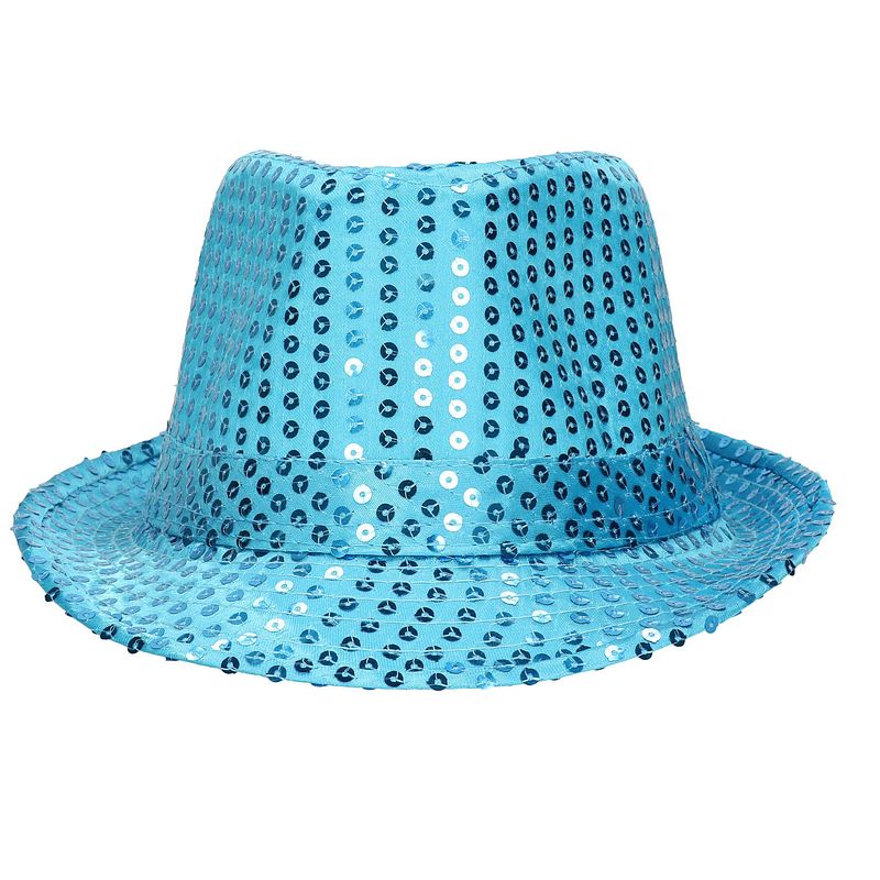 Foto van Trilby hoed met pailletten - turquoise blauw - glitter - verkleedhoofddeksels
