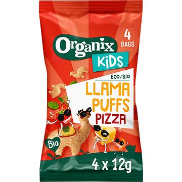 Foto van Organix biologische kids snack llama puffs pizza 4 x 12g bij jumbo