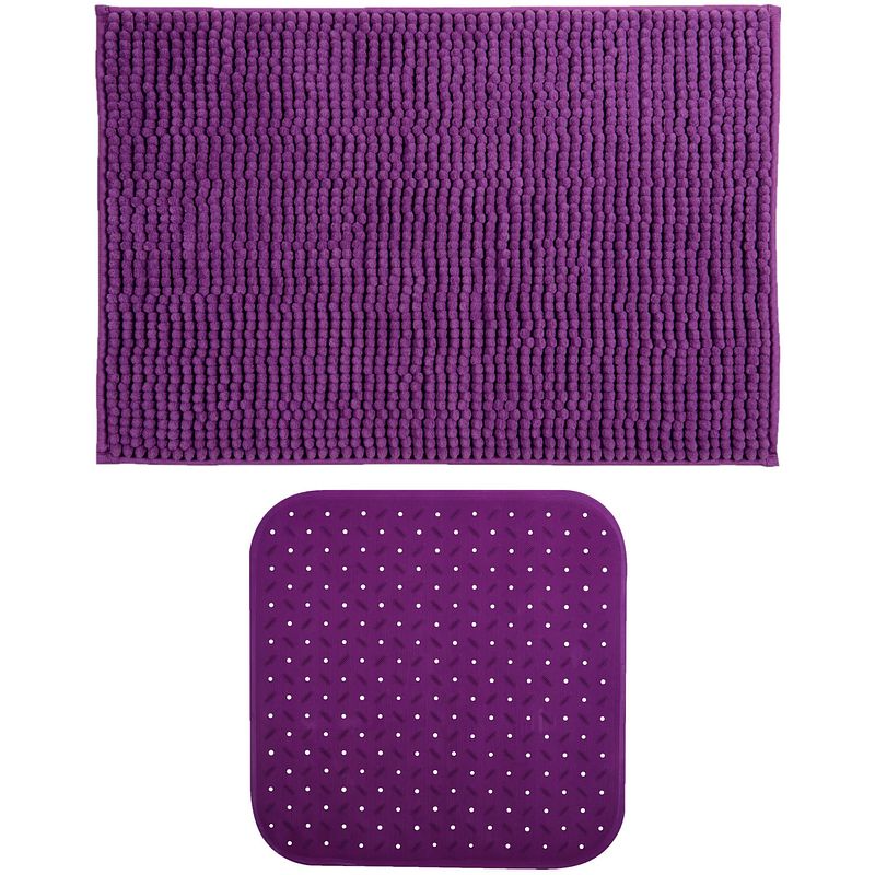 Foto van Msv douche anti-slip mat en droogloop mat - sevilla badkamer set - rubber/microvezel - paars - badmatjes