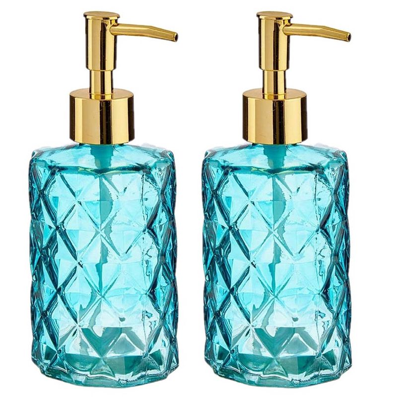 Foto van 2x stuks zeeppompjes/zeepdispensers blauw geruit glas 330 ml - zeeppompjes