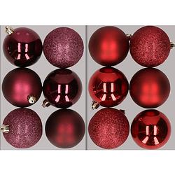 Foto van 12x stuks kunststof kerstballen mix van aubergine en donkerrood 8 cm - kerstbal
