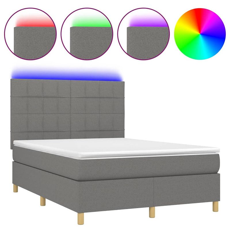 Foto van The living store boxspring bed - donkergrijs - 203 x 144 x 118/128 cm - met led en pocketvering matras -