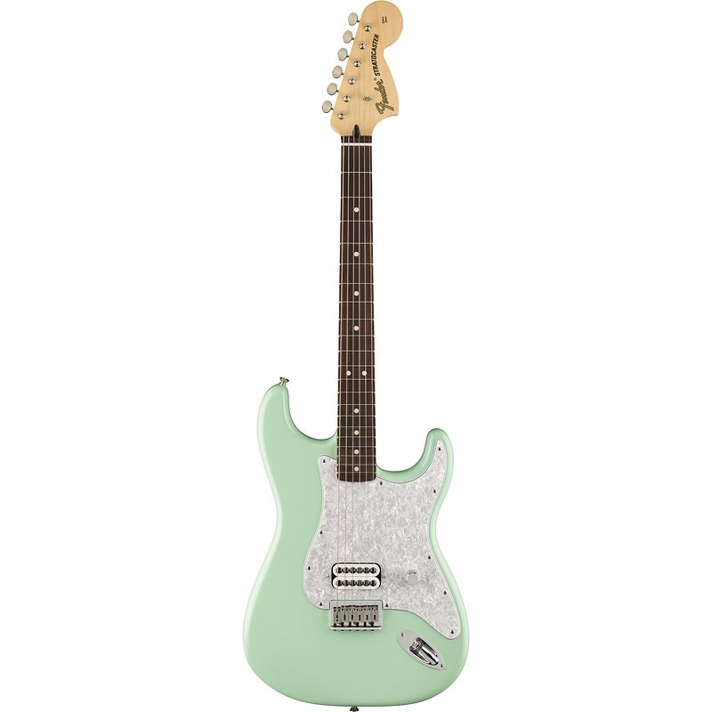 Foto van Fender tom delonge stratocaster rw surf green elektrische gitaar met deluxe gigbag