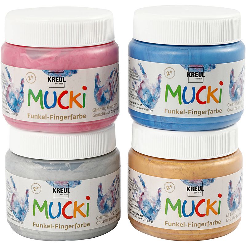 Foto van Packlinq mucki vingerverf. metallic blauw. goud metallic. metallic roze. zilver metallic. 4x150 ml/ 1 doos