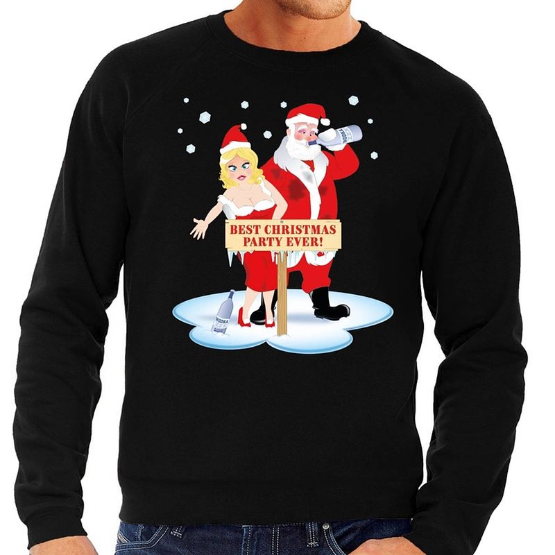 Foto van Foute kersttrui / sweater dronken kerstman en kerstvrouw na kerstborrel/ feest zwart voor heren - kersttruien 2xl (56)