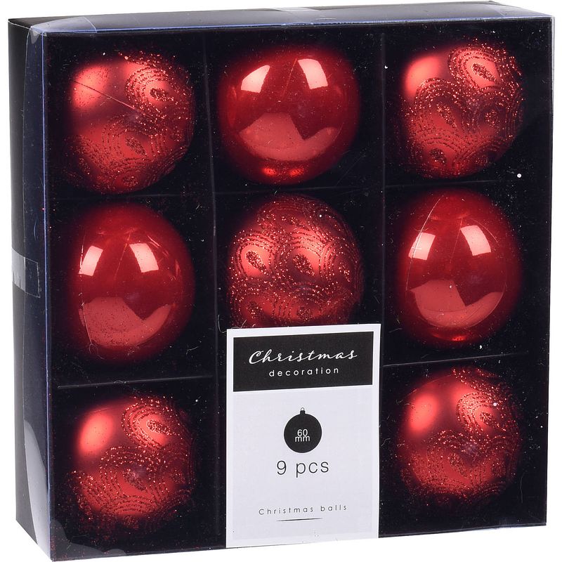 Foto van 9x kerstboomversiering luxe kunststof kerstballen rood 6 cm - kerstbal