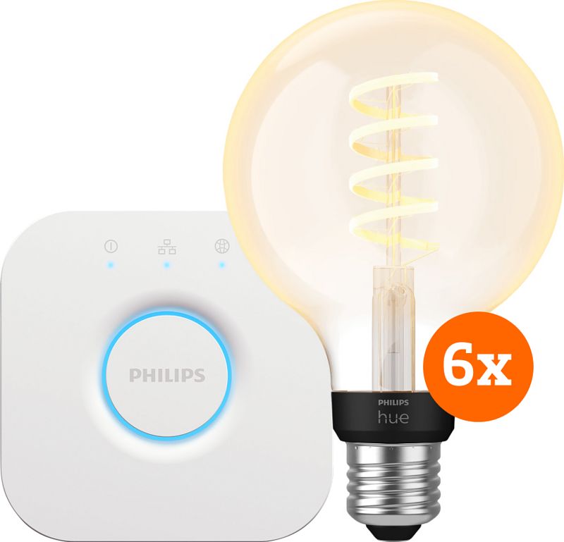 Foto van Philips hue filament white ambiance globe 6-pack + bridge