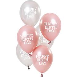 Foto van Folat ballonnen glossy happy birthday 23 cm roze/zilver 6 stuks