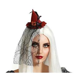 Foto van Halloween heksenhoed - mini hoedje op diadeem - one size - rood - met sluier - meisjes/dames - verkleedhoofddeksels