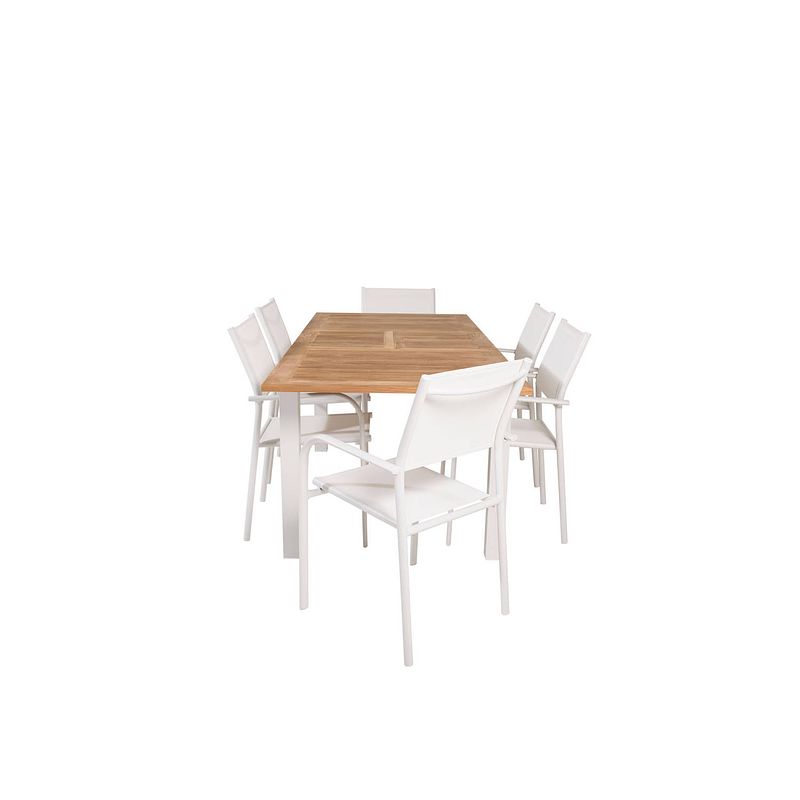 Foto van Panama tuinmeubelset tafel 90x152/210cm en 6 stoel santorini wit, naturel.