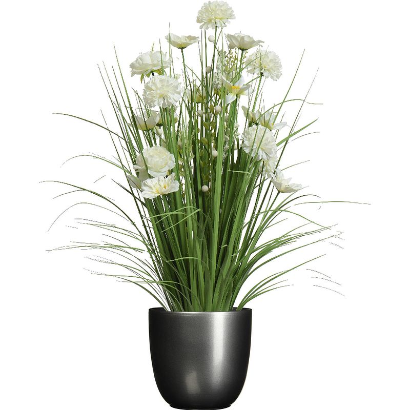 Foto van Kunstbloemen boeket wit - in pot grijs - keramiek - h70 cm - kunstbloemen