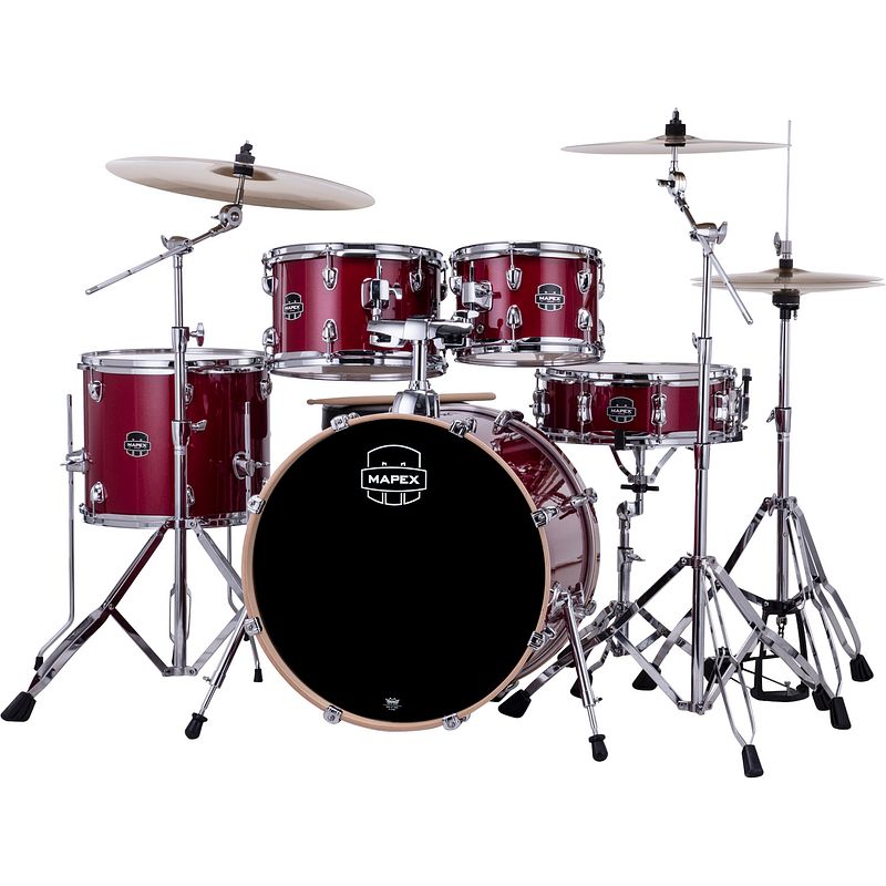 Foto van Mapex venus fusion crimson red sparkle 5-delig drumstel met hardware & zildjian bekkens