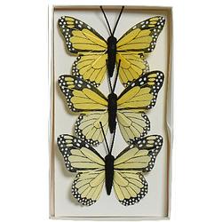 Foto van 3x stuks decoratie vlinders op draad - geel - 6 cm - hobbydecoratieobject