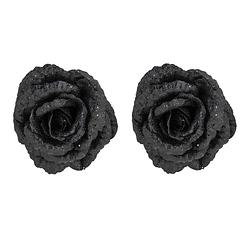 Foto van 2x stuks decoratie bloemen roos zwart glitter op clip 18 cm - kersthangers