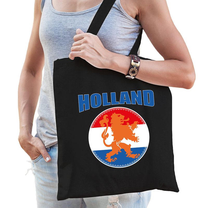 Foto van Holland oranje leeuw supporter cadeau tas zwart voor dames en heren - feest boodschappentassen