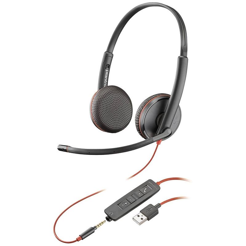 Foto van Poly blackwire c3220 on ear headset computer kabel stereo zwart noise cancelling headset, volumeregeling, microfoon uitschakelbaar (mute)