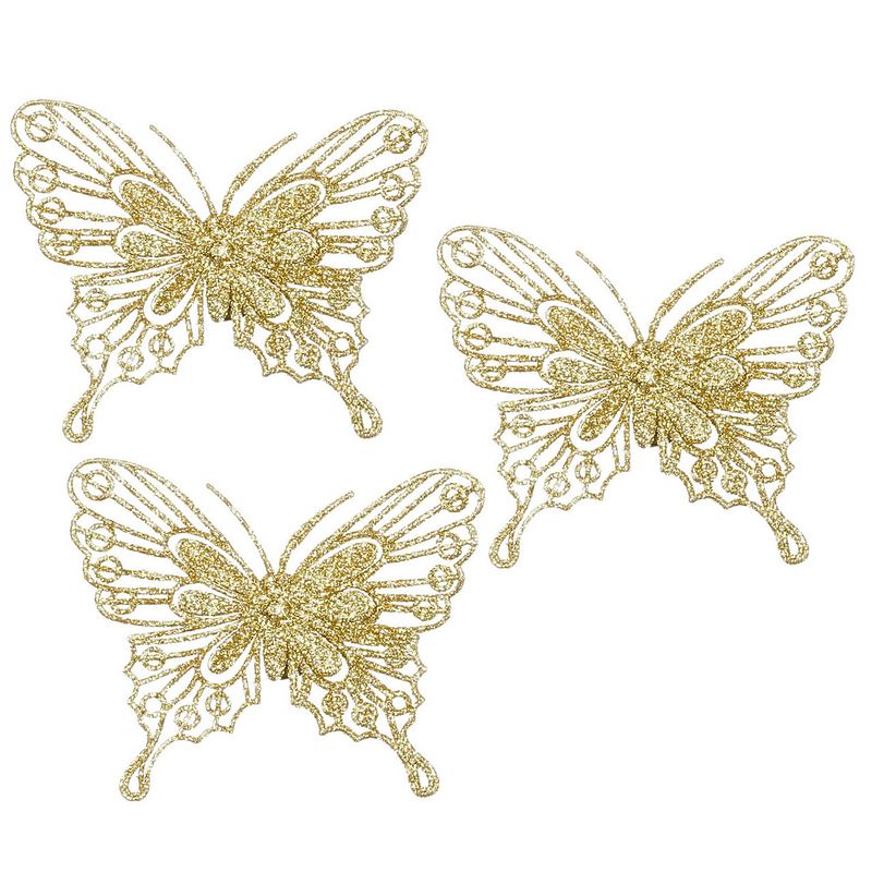 Foto van House of seasons kerst vlinders op clip - 12x st - goud glitter - 10 cm - kersthangers