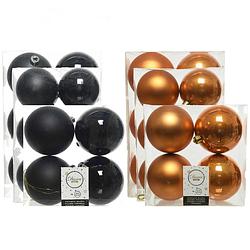 Foto van Kerstversiering kunststof kerstballen mix zwart/cognac 6-8-10 cm pakket van 44x stuks - kerstbal