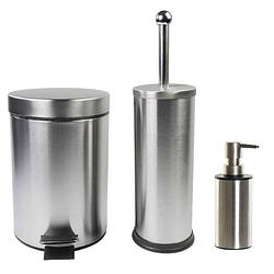 Foto van Toiletborstel houder zilver 38 cm met zeeppompje 300 ml en pedaalemmer metaal - toiletborstels