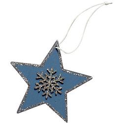 Foto van Magic deco kersthanger star 8 cm hout blauw/zilver