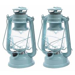 Foto van Set van 2 licht mintgroene led licht stormlantaarns 25 cm - campinglamp/campinglicht - koel licht mintgroene led lamp