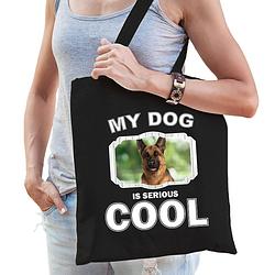 Foto van Katoenen tasje my dog is serious cool zwart - duitse herder honden cadeau tas - feest boodschappentassen