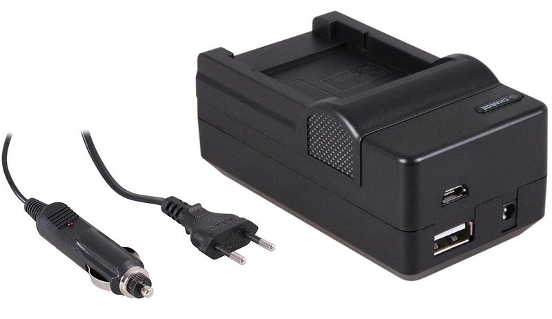 Foto van 4-in-1 acculader voor sony np-bg1 / np-fg1 accu - compact en licht - laden via stopcontact, auto, usb en powerbank