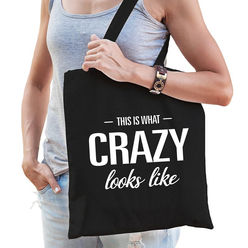 Foto van This is what crazy looks like cadeau tas zwart voor dames - feest boodschappentassen