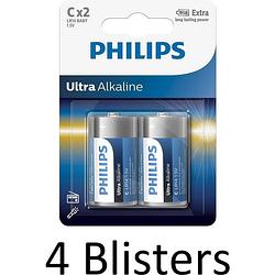 Foto van 8 stuks (4 blisters a 2 st) philips ultra alkalline c batterijen