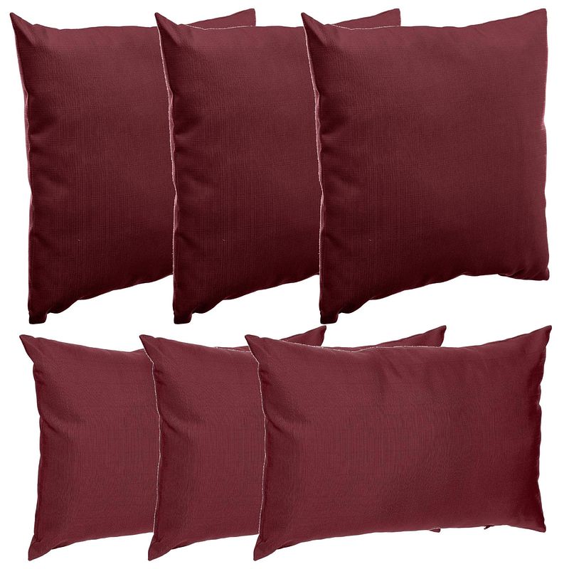 Foto van Bank/sier/tuin kussens voor binnen/buiten set 6x stuks bordeaux rood 40 x 40 cm en 30 x 50 cm - tuinstoelkussens