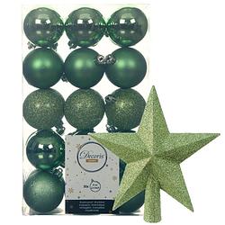 Foto van 30x stuks kunststof kerstballen 6 cm inclusief ster piek groen - kerstbal