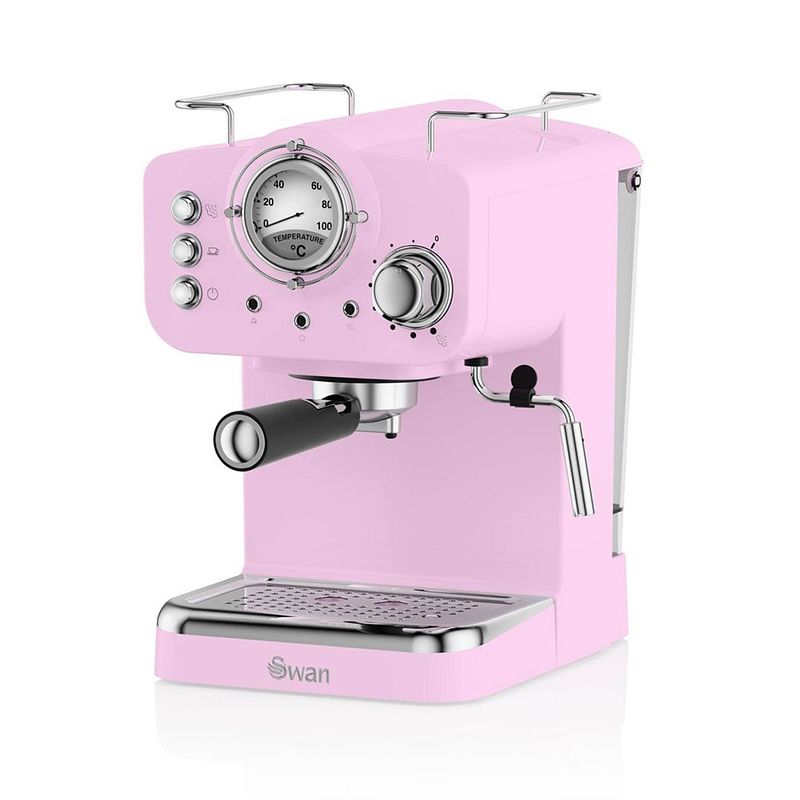 Foto van Swan retro espressomachine - gebruikt gemalen koffie en e.s.e. koffiepads - roze