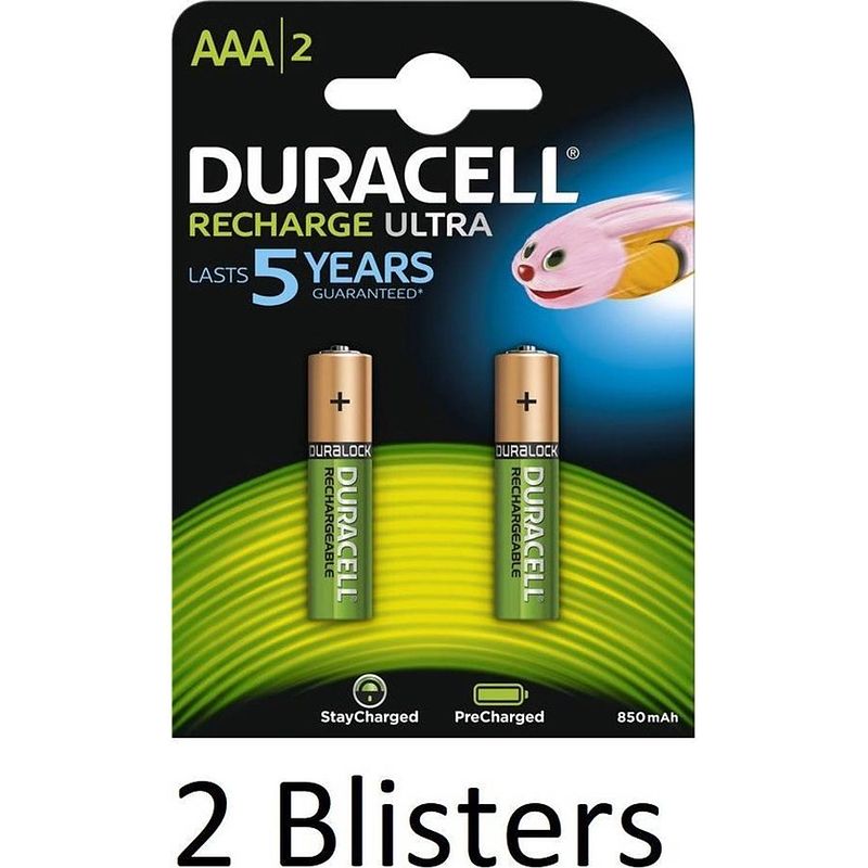 Foto van 4 stuks (2 blisters a 2 st) duracell aaa oplaadbare batterijen - 850 mah