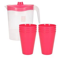 Foto van 8x kunststof drinkbekers 430 ml met schenkkan set roze van 2.5 liter - schenkkannen