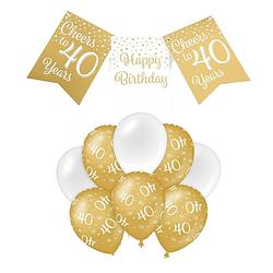 Foto van Paperdreams luxe 40 jaar feestversiering set - ballonnen & vlaggenlijnen - wit/goud - feestpakketten