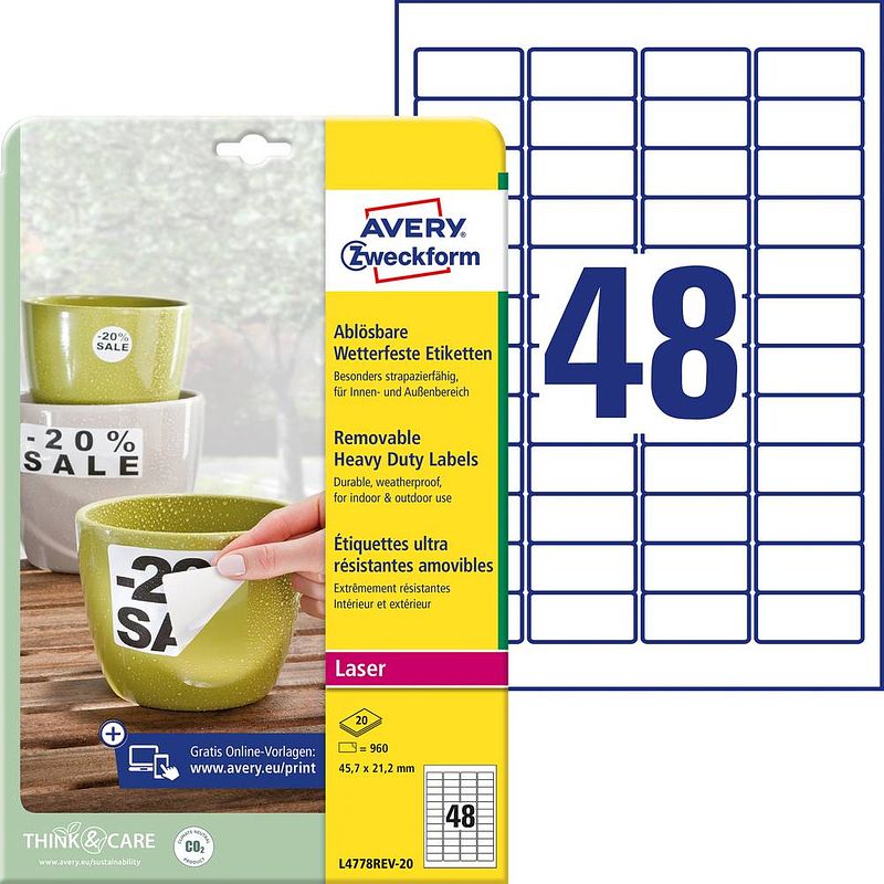 Foto van Avery-zweckform l4778rev-20 etiketten 45.7 x 21.2 mm polyester folie wit 960 stuk(s) weer verwijderbaar adresetiketten, weerbestendige etiketten laser, kopie