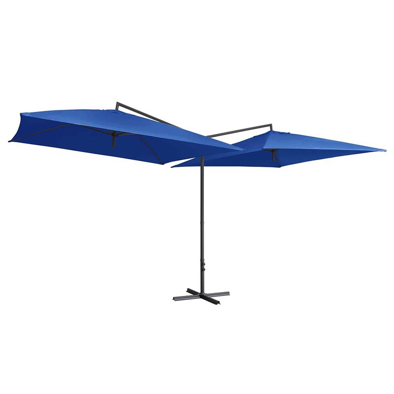 Foto van The living store dubbele parasol - azuurblauw - 485 x 250 x 260 cm - uv-beschermend - polyester