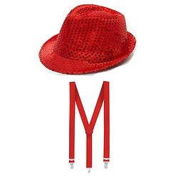 Foto van Carnaval verkleed set glitter hoed en bretels rood - verkleedhoofddeksels