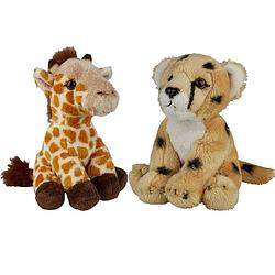 Foto van Safari dieren serie pluche knuffels 2x stuks - cheetah en giraffe van 15 cm - knuffeldier