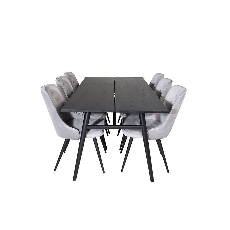 Foto van Sleek eethoek eetkamertafel uitschuifbare tafel lengte cm 195 / 280 zwart en 6 velvet deluxe eetkamerstal velours